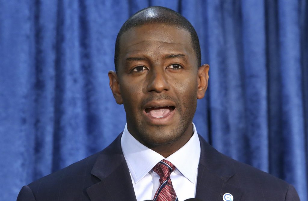 Andrew Gillum the Democrat candidate for governor speaks at a news conference on Saturday, Nov. 10, 2018, in Tallahassee, Fla. Gillum has withdrawn his concession in the Florida gubernatorial race following a recount. "I am replacing my words of concession with an uncompromised and unapologetic call that we count every single vote," Gillum said. (AP Photo/Steve Cannon)