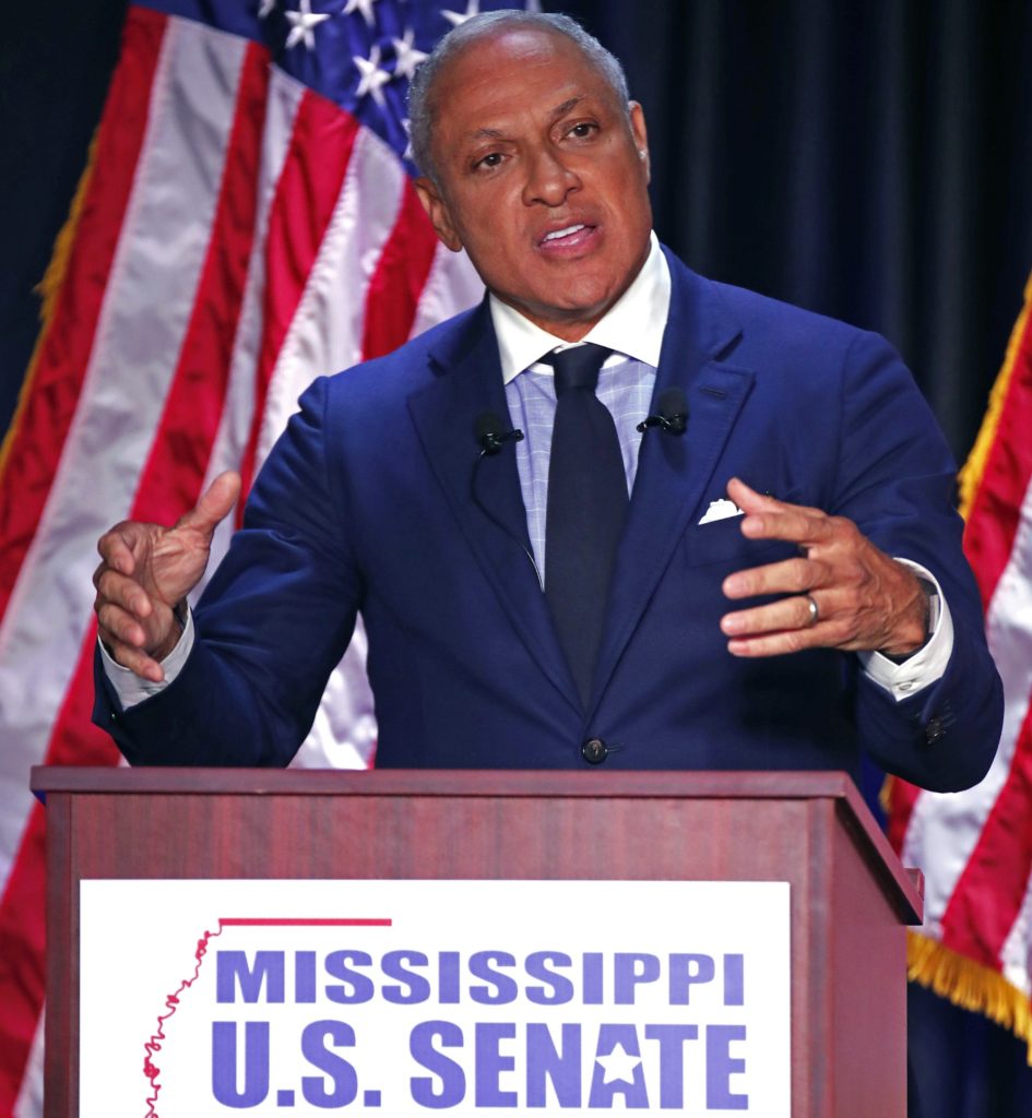 Democrat Mike Espy answers a question during a televised Mississippi U.S. Senate debate with his opponent appointed U.S. Sen. Cindy Hyde-Smith, R-Miss., in Jackson, Miss., Tuesday, Nov. 20, 2018. (AP Photo/Rogelio V. Solis, Pool)
