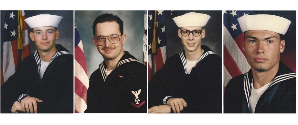 This photo combination of photos provided by the US navy shows former sailors Eric Wilson, left photo, Danial Williams, second from left, Joe Dick, second from right, and Derek Tice, in undated file photos. The four former sailors, known as the "Norfolk Four" have been pardoned by Virginia governor Terry McAuliffe. The governor granted absolute pardons for the men in the 1997 rape and killing of Michelle Moore-Bosko. DNA evidence linked another man, Omar Ballard, to the crimes. (US Navy via AP)