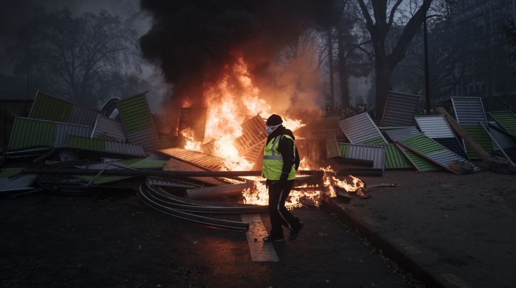 A demonstrator walks past a burning barricade near the Arc de Triomphe on the Champs-Elysees avenue during a demonstration Saturday, Dec.1, 2018 in Paris. A French protest against rising taxes and the high cost of living turned into a riot Saturday in Paris as police fired tear gas and water cannon in street battles with activists wearing the fluorescent yellow vests of a new movement. (AP Photo/Kamil Zihnioglu)