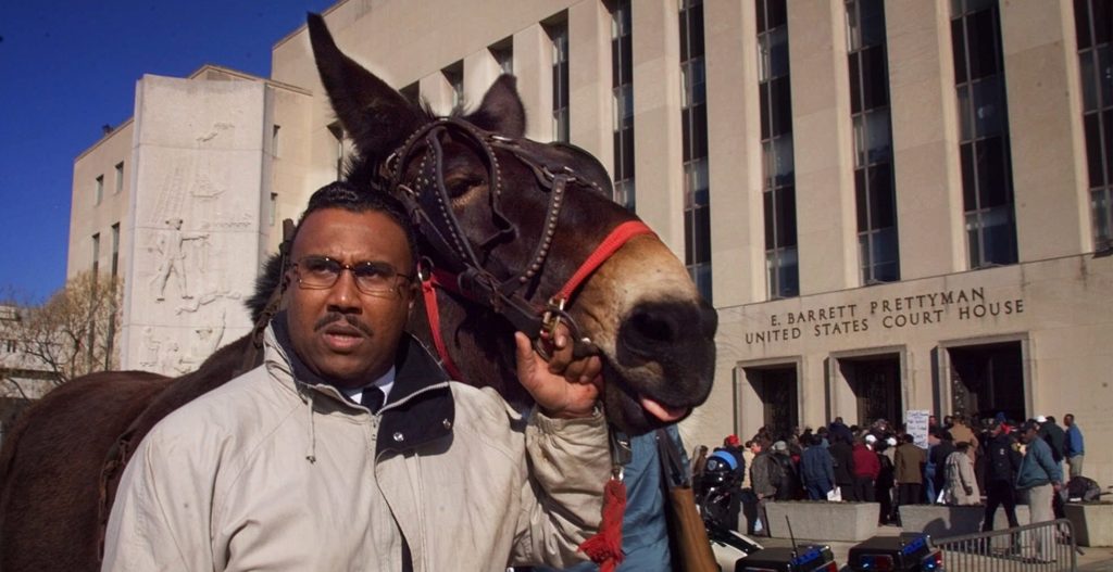 National Black Farmer Association, Inc. President John Boyd, of Mecklenburg County, Va., and his mule "Struggle" take part in a demonstration by black farmers outside federal court in Washington Tuesday March 2, 1999 to express their opposition to a multimillion-dollar settlement of a discrimination lawsuit against the Agriculture Department. (AP Photo/Doug Mills)