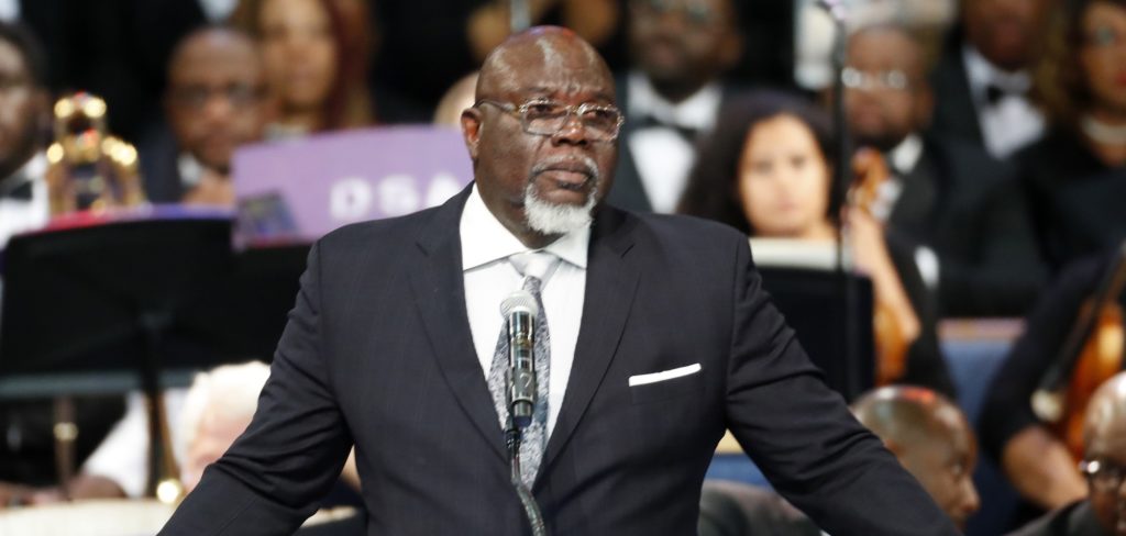 Bishop T.D. Jakes speaks during the funeral service for Aretha Franklin at Greater Grace Temple, Friday, Aug. 31, 2018, in Detroit. Franklin died Aug. 16, 2018 of pancreatic cancer at the age of 76. (AP Photo/Paul Sancya)