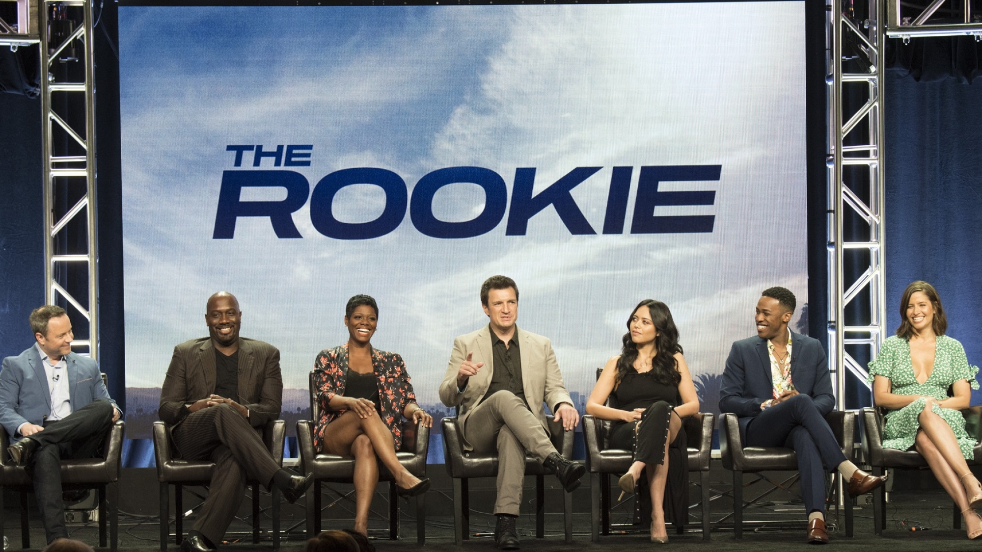 TCA SUMMER PRESS TOUR 2018 - The cast and producers of ABC's "The Rookie" at the Disney | ABC Television Summer Press Tour 2018, at The Beverly Hilton in Beverly Hills, California. (ABC/Image Group LA)
ALEXI HAWLEY (WRITER/CREATOR/ EXECUTIVE PRODUCER), RICHARD T. JONES, AFTON WILLIAMSON, NATHAN FILLION, ALYSSA DIAZ, TITUS MAKIN JR., MERCEDES MASON