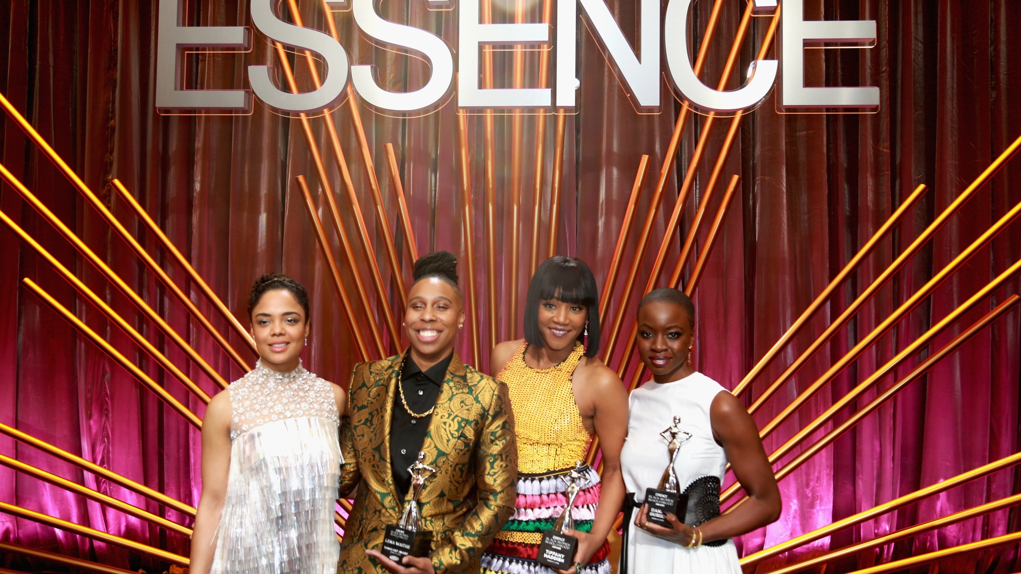 BEVERLY HILLS, CA - MARCH 01:  (L-R) Honoree's Tessa Thompson, Lena Waithe, Tiffany Haddish, and Danai Gurira onstage during the 2018 Essence Black Women In Hollywood Oscars Luncheon at Regent Beverly Wilshire Hotel on March 1, 2018 in Beverly Hills, California.  (Photo by Leon Bennett/Getty Images for Essence)