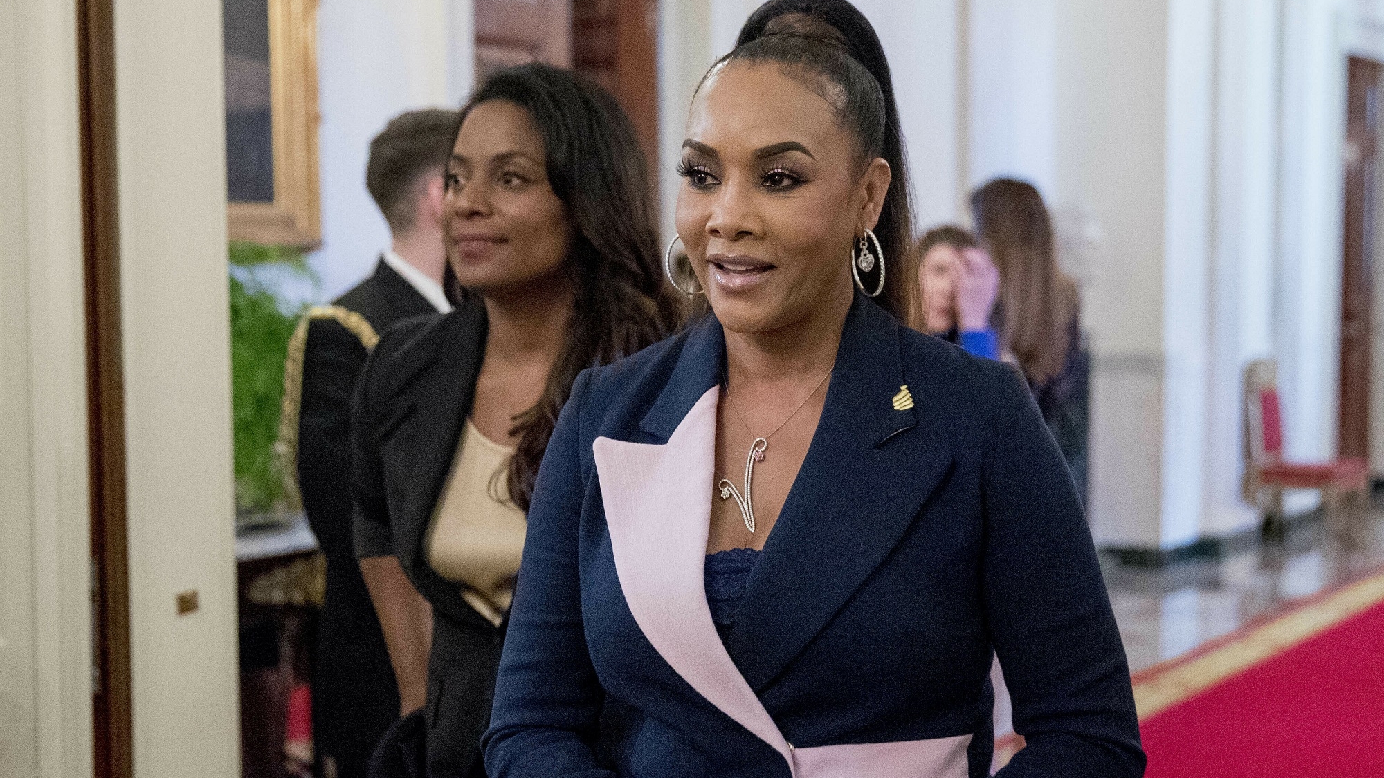 Actress Vivica A. Fox arrives at the 2019 Prison Reform Summit and First Step Act Celebration in the East Room of the White House in Washington, Monday, April 1, 2019. (AP Photo/Andrew Harnik)
