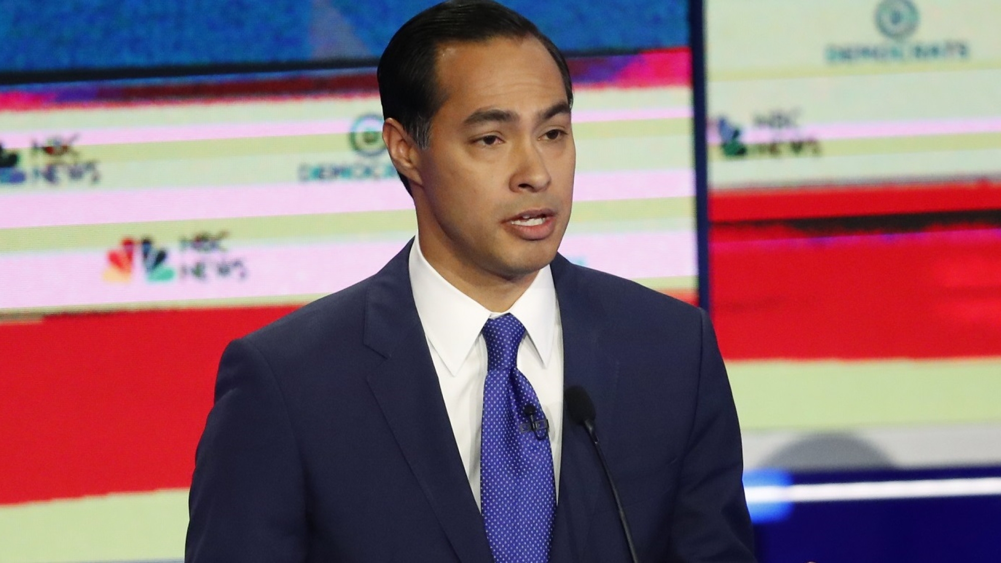 Democratic presidential candidate former Housing Sec. Julian Castro, speaks during the Democratic primary debate hosted by NBC News at the Adrienne Arsht Center for the Performing Art, Wednesday, June 26, 2019, in Miami. (AP Photo/Wilfredo Lee)
