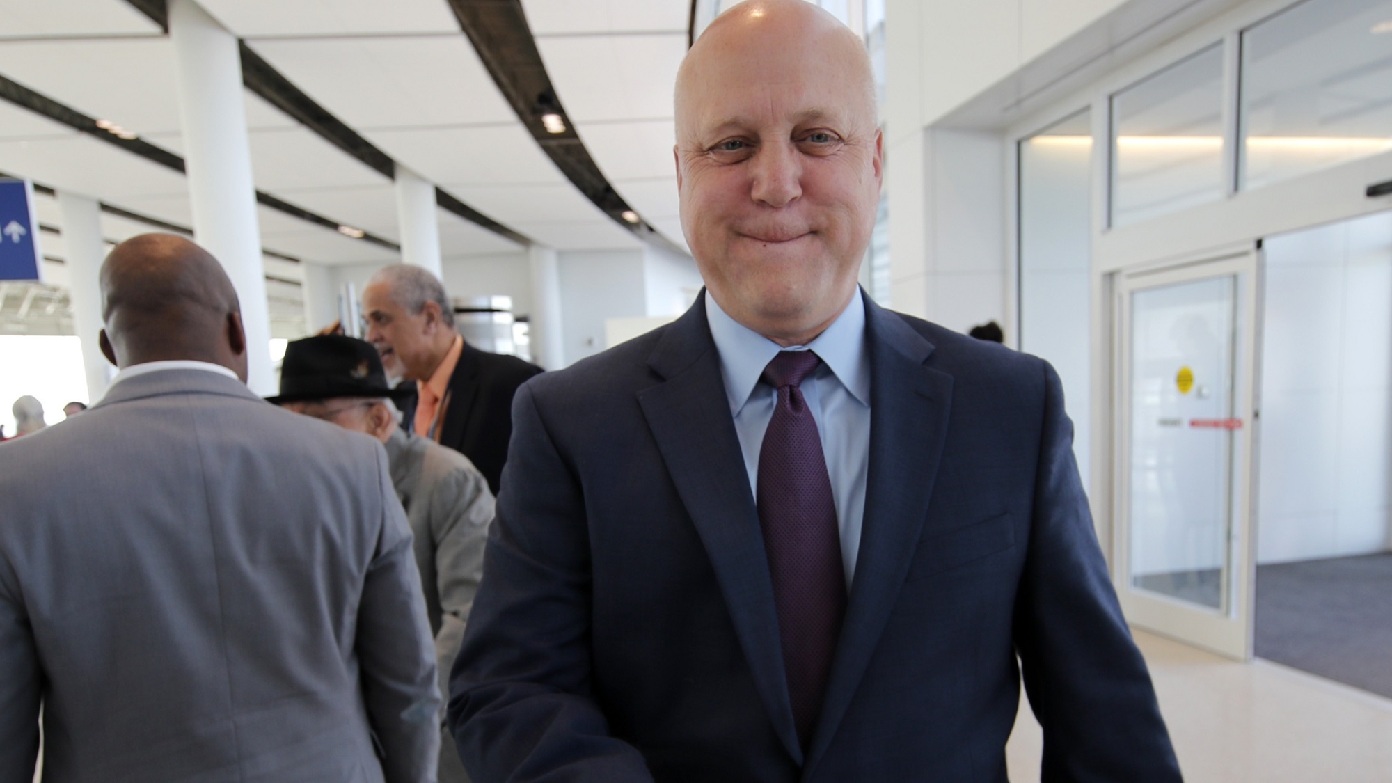 Former New Orleans Mayor Mitch Landrieu arrives for a ribbon cutting ceremony to commemorate the opening the newly built main terminal of the Louis Armstrong New Orleans International Airport in Kenner, La., Tuesday, Nov. 5, 2019. Landrieu's administration was behind the efforts to build the new terminal, although it was not completed during his last term in office. (AP Photo/Gerald Herbert)