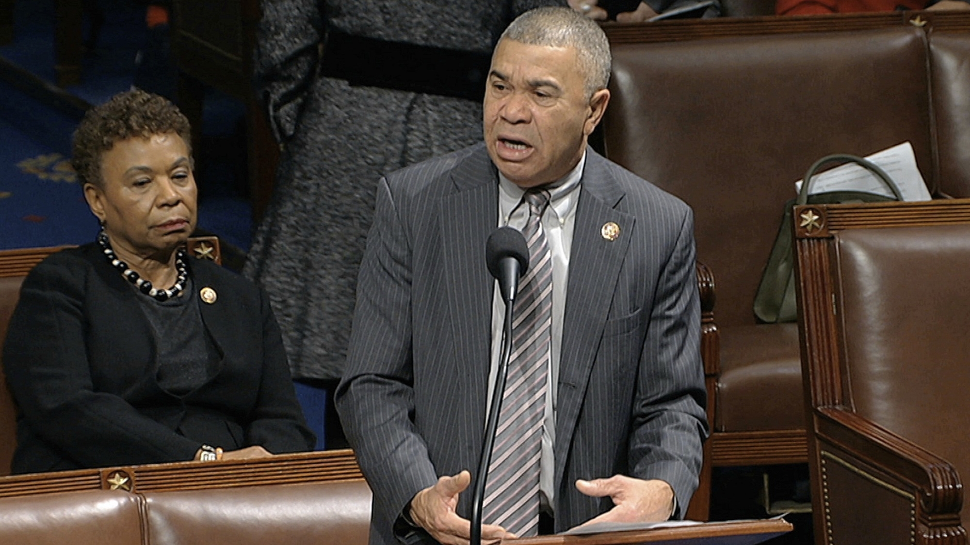 Rep. William Lacy Clay, D-Mo., speaks as the House of Representatives debates the articles of impeachment against President Donald Trump at the Capitol in Washington, Wednesday, Dec. 18, 2019. (House Television via AP)