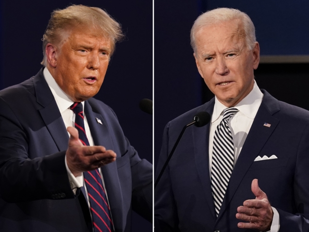 This combination of Sept. 29, 2020, photos shows President Donald Trump, left, and former Vice President Joe Biden during the first presidential debate at Case Western University and Cleveland Clinic, in Cleveland, Ohio. The Commission on Presidential Debates says the second Trump-Biden debate will be ‘virtual’ amid concerns about the president's COVID-19. (AP Photo/Patrick Semansky)