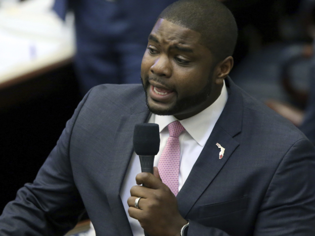Rep. Byron Donalds, R-Naples, debates the felon voting rights bill during session Wednesday April 24, 2019, in Tallahassee, Fla. (AP Photo/Steve Cannon)