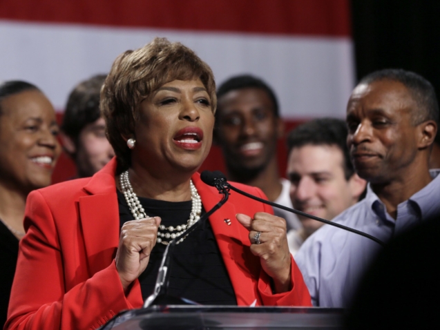 Congresswoman-elect Brenda Lawrence addresses supporters during an election night rally in Detroit, Tuesday, Nov. 4, 2014. (AP Photo/Carlos Osorio)