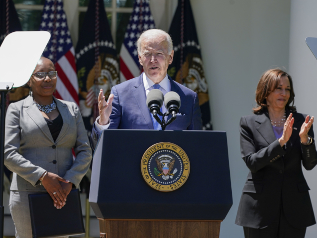 Vice President Kamala Harris applauds as President Joe Biden speaks at an event on lowering the cost of high-speed internet in the Rose Garden of the White House, Monday, May 9, 2022, in Washington. (AP Photo/Manuel Balce Ceneta)