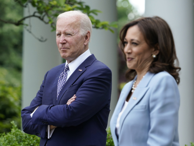 President Joe Biden and Vice President Kamala Harris stand in the Rose Garden of the White House in Washington, Tuesday, May 17, 2022, during a reception to celebrate Asian American, Native Hawaiian, and Pacific Islander Heritage Month. (AP Photo/Susan Walsh)