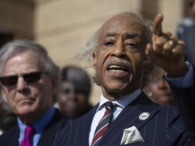 The Rev. Al Sharpton speaks during a press conference outside the Antioch Baptist Church on Thursday, May 19, 2022, in Buffalo, N.Y. (AP Photo/Joshua Bessex)