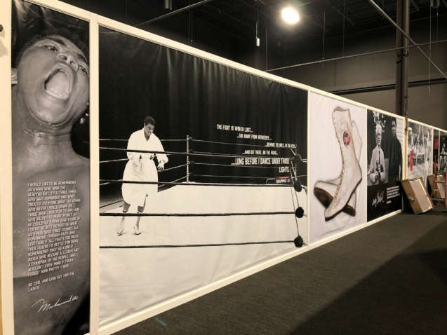 The Muhammad Ali museum-style exhibit an exhibition hall at the Graceland tourist attraction on Wednesday, May 22, 2019, in Memphis, Tenn. Presley and Ali were known to be friends. Presley once gave Ali a custom-made robe in Las Vegas in the early 1970s. A replica of that robe is part of the Ali exhibit, along with photos of the heavyweight boxing and civil rights champion and other artifacts.  (AP Photo/Adrian Sainz)