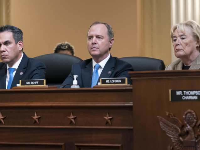 Rep. Adam Schiff, D-Calif., center, is flanked by Rep. Pete Aguilar, D-Calif., left, and Rep. Zoe Lofgren, D-Calif., as the House select committee investigating the Jan. 6 attack on the U.S. Capitol holds its first public hearing to reveal the findings of a year-long investigation, at the Capitol in Washington, Thursday, June 9, 2022. Rep. Schiff also serves as the chairman of the House Intelligence Committee. Schiff will lead the hearing on Tuesday, June 21, 2021, as the panel focuses on how former President Trump and his enablers schemed to pressure election officials in swing states to go along with his false claims that Joe Biden had lost by creating slates of fake electors who were loyal to Trump. (AP Photo/J. Scott Applewhite)