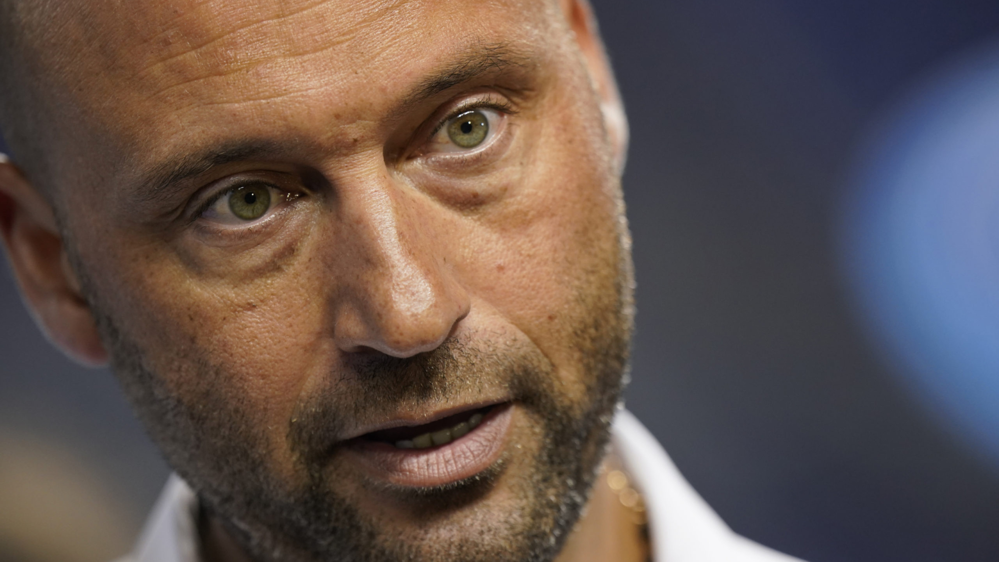 FILE - Miami Marlins CEO Derek Jeter talks to members of the media before the start of a baseball game against the Los Angeles Dodgers, Tuesday, July 6, 2021, in Miami. Jeter announced a surprise departure from the Miami Marlins Monday, Feb. 28, 2022.(AP Photo/Wilfredo Lee, File)