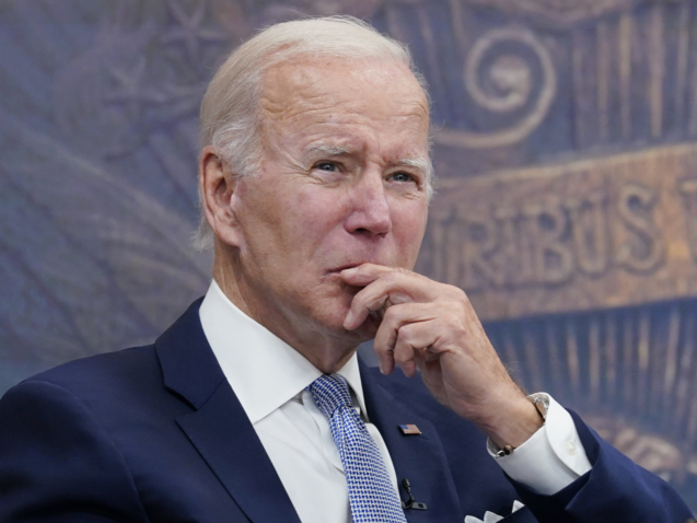 FILE - President Joe Biden listens during a meeting with CEOs about the economy in the South Court Auditorium on the White House complex in Washington, Thursday, July 28, 2022. One month into his presidency, President Joe Biden made clear his distaste for even naming the man he had ousted from the Oval Office, declaring, “I’m tired of talking about Trump.” But now, Biden is eagerly naming and singling out the “former guy” in prepared remarks and on social media. (AP Photo/Susan Walsh, File)