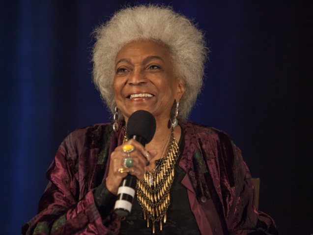 FILE - Actor Nichelle Nichols speaks during the Creation Entertainment's Official Star Trek Convention at The Westin O'Hare in Rosemont, Ill., Sunday, June 8, 2014. Nichols, who gained fame as Lt. Ntoya Uhura on the original "Star Trek" television series, died Saturday, July 30, 2022, her family said. She was 89. (Photo by Barry Brecheisen/Invision/AP, File)