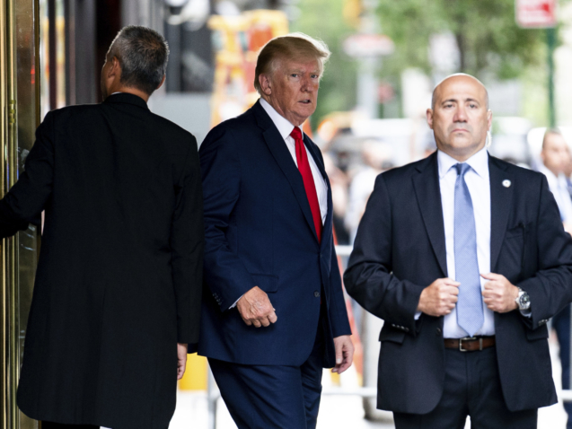 Former President Donald Trump departs Trump Tower, Wednesday, Aug. 10, 2022, in New York, on his way to the New York attorney general's office for a deposition in a civil investigation. (AP Photo/Julia Nikhinson)