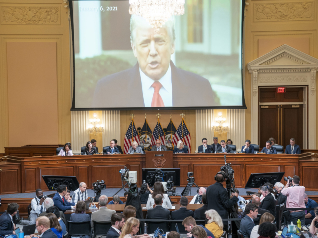 A video of former President Donald Trump from his January 6th Rose Garden statement is played as Cassidy Hutchinson, former aide to Trump White House chief of staff Mark Meadows, testifies as the House select committee investigating the Jan. 6 attack on the U.S. Capitol holds a hearing at the Capitol in Washington, Tuesday, June 28, 2022. (Sean Thew/Pool via AP)