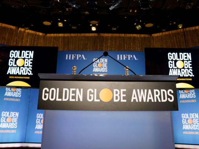 The podium appears prior to the start of the nominations event for 79th annual Golden Globe Awards at the Beverly Hilton Hotel on Monday, Dec. 13, 2021, in Beverly Hills, Calif. The 79th annual Golden Globe Awards will be held on Sunday, Jan. 9, 2022. (AP Photo/Chris Pizzello)