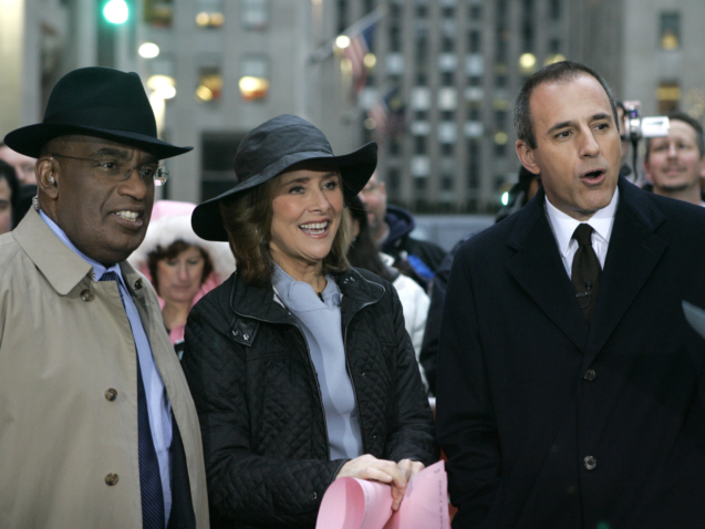 Weathercaster Al Roker, left, and co-hosts Meredith Vieira and Matt Lauer, of the NBC "Today" television program, in New York's Rockefeller Center, Friday, Jan. 11, 2008. (AP Photo/Richard Drew)