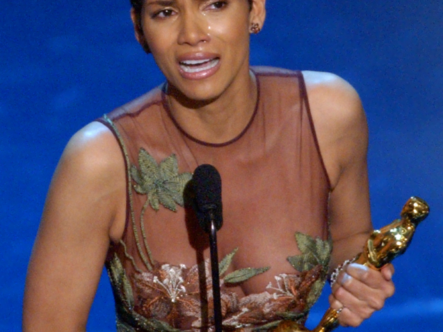 FILE - In this March 24, 2002 file photo, actress Halle Berry cries as she accepts the Oscar for best actress for the film "Monster's Ball" at the 74th annual Academy Awards in  Los Angeles.  Berry became the first African-American woman to win a best actress Oscar.  (AP Photo/Kevork Djansezian, file)