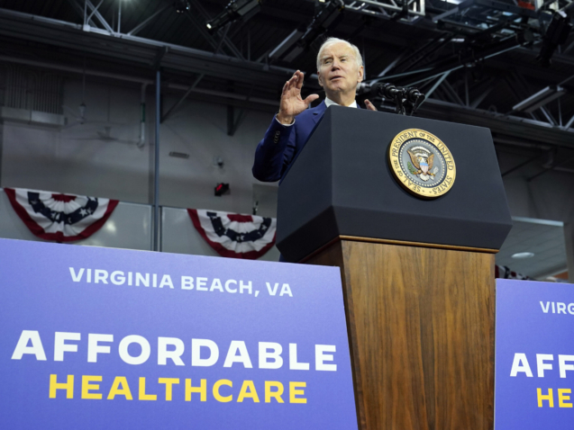 President Joe Biden talks about health care during a visit to the Kempsville Recreation Center in Virginia Beach, Va., Tuesday, Feb. 28, 2023. (AP Photo/Susan Walsh)