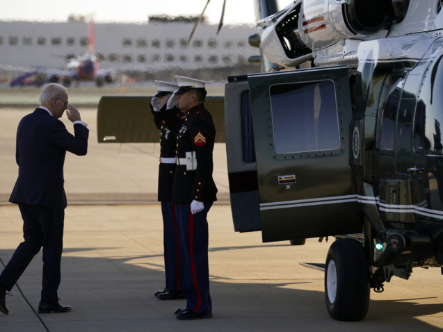 President Joe Biden boards Marine One at San Diego International Airport Monday, March 13, 2023, in San Diego. (AP Photo/Evan Vucci)