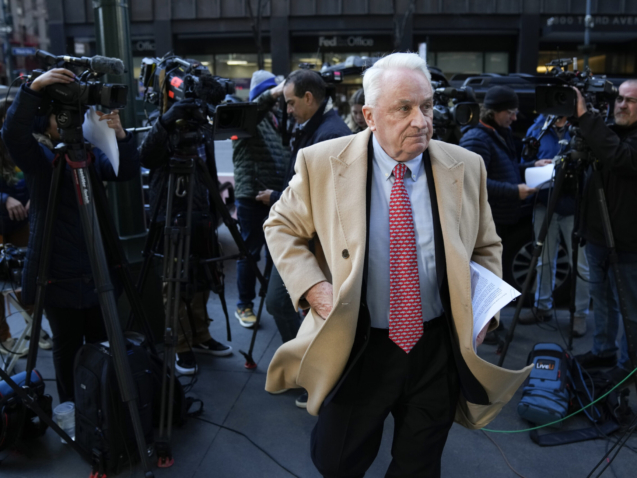 Attorney Bob Costello talks to reporters after testifying before a grand jury investigating Donald Trump in New York, Monday, March 20, 2023. (AP Photo/Seth Wenig)