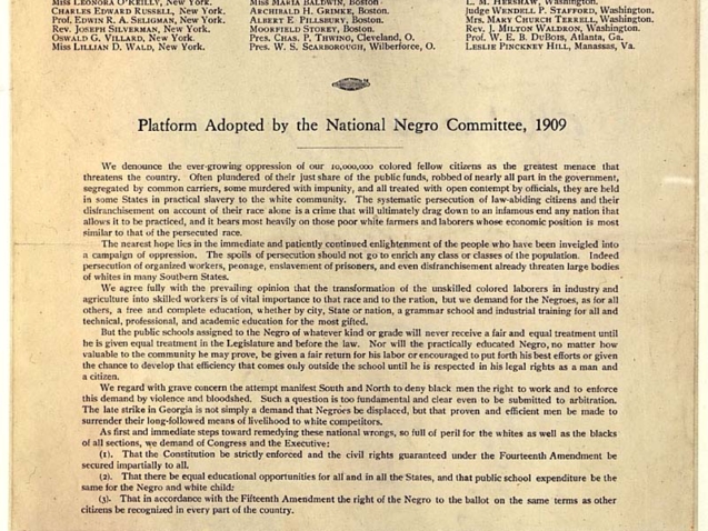 Platform adopted by the National Negro Committee, 1909.
Document.
NAACP Collection, Manuscript Division. (6-8)
Courtesy of the NAACP.