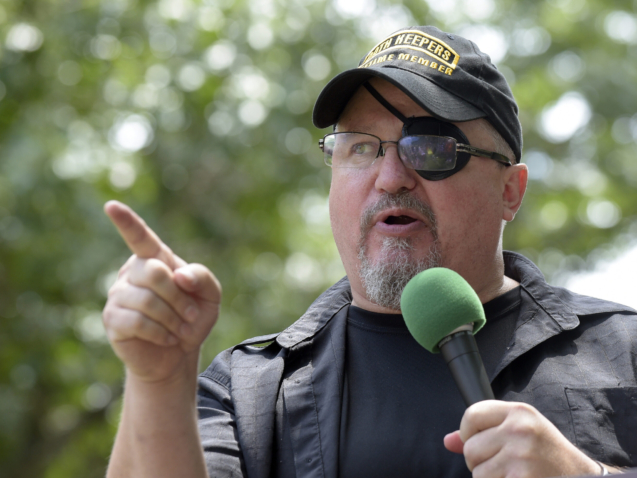 FILE - Stewart Rhodes, founder of the citizen militia group known as the Oath Keepers, speaks during a rally outside the White House in Washington, on June 25, 2017. The Justice Department is seeking 25 years in prison for Rhodes, the Oath Keepers founder convicted of seditious conspiracy for what prosecutors described as a violent plot to keep President Joe Biden out of the White House, according to court papers filed Friday, May 5, 2023. (AP Photo/Susan Walsh, File)