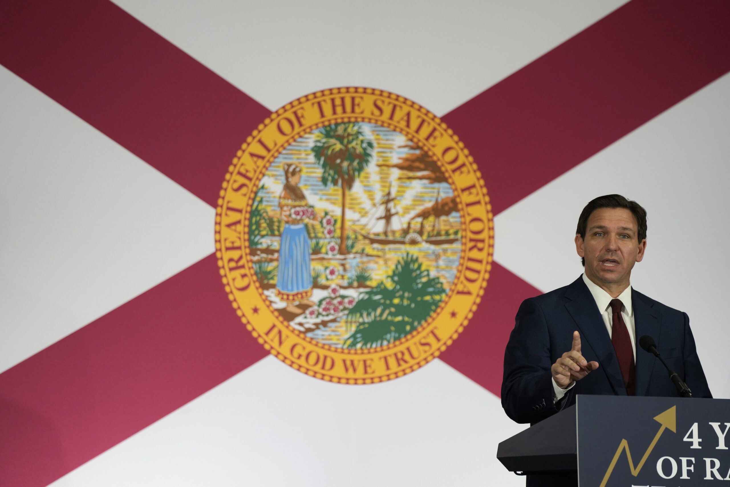 Florida Governor Ron DeSantis speaks during a press conference to sign several bills related to public education and increases in teacher pay, in Miami, Tuesday, May 9, 2023.