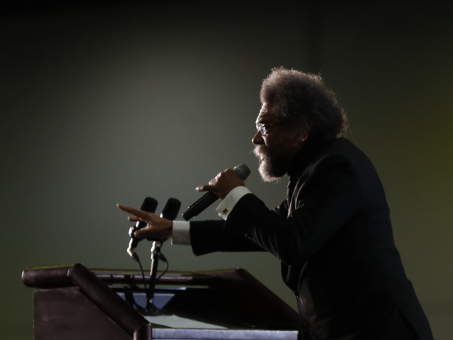Political activist Cornel West speaks at a campaign rally for Democratic presidential candidate Sen. Bernie Sanders, I-Vt., in Detroit, Friday, March 6, 2020. (AP Photo/Paul Sancya)