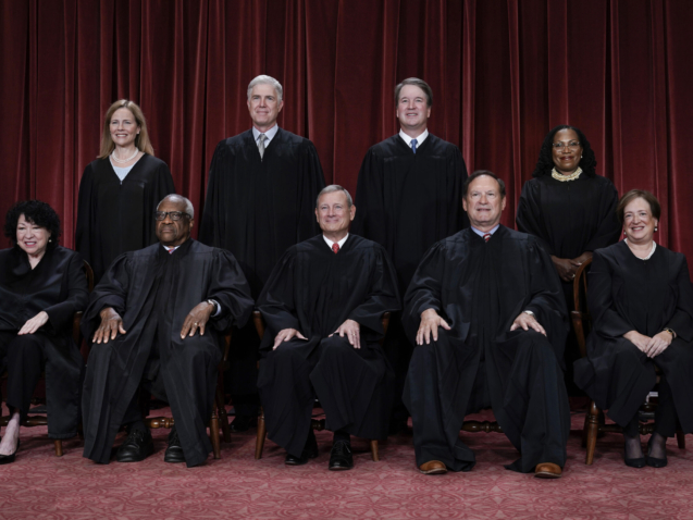 FILE - Members of the Supreme Court sit for a new group portrait following the addition of Associate Justice Ketanji Brown Jackson, at the Supreme Court building in Washington, Oct. 7, 2022. Bottom row, from left, Associate Justice Sonia Sotomayor, Associate Justice Clarence Thomas, Chief Justice of the United States John Roberts, Associate Justice Samuel Alito, and Associate Justice Elena Kagan. Top row, from left, Associate Justice Amy Coney Barrett, Associate Justice Neil Gorsuch, Associate Justice Brett Kavanaugh, and Associate Justice Ketanji Brown Jackson. (AP Photo/J. Scott Applewhite, File)