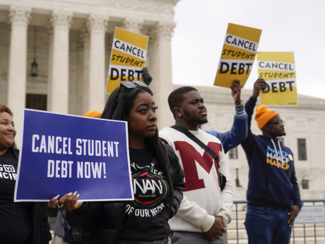 Student debt relief advocates gather outside the Supreme Court on Capitol Hill in Washington, Tuesday, Feb. 28, 2023, as the court hears arguments over President Joe Biden's student debt relief plan. (AP Photo/Patrick Semansky)