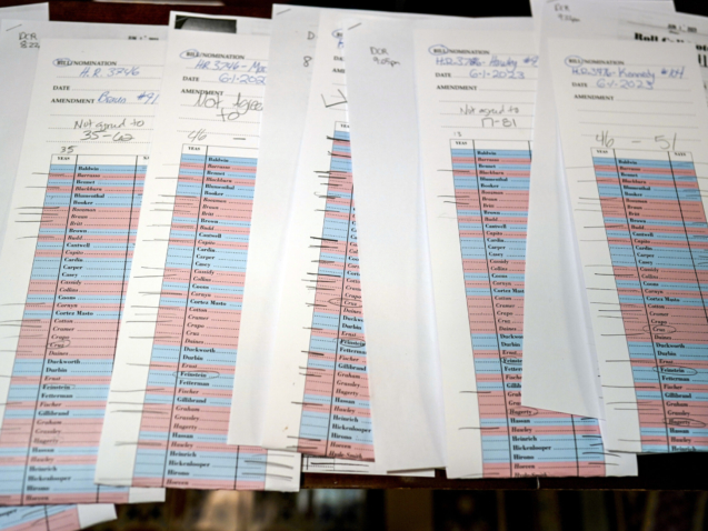Voting tally sheets are seen in the press gallery after a hectic series of amendment votes and final passage on the big debt ceiling and budget cuts package, at the Capitol in Washington, Thursday, June 1, 2023. The legislation now goes to President Joe Biden's desk to become law before the fast-approaching default deadline. (AP Photo/J. Scott Applewhite)