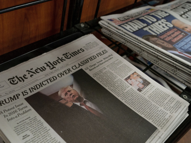 Newspapers front pages displayed in a newsstand in Bedminister on Friday, June 9 , 2023, in New Jersey.  Former President Donald Trump has been indicted on charges of mishandling classified documents at his Florida estate. The remarkable development makes him the first former president in U.S. history to face criminal charges by the federal government that he once oversaw. (AP Photo/Eduardo Munoz Alvarez)