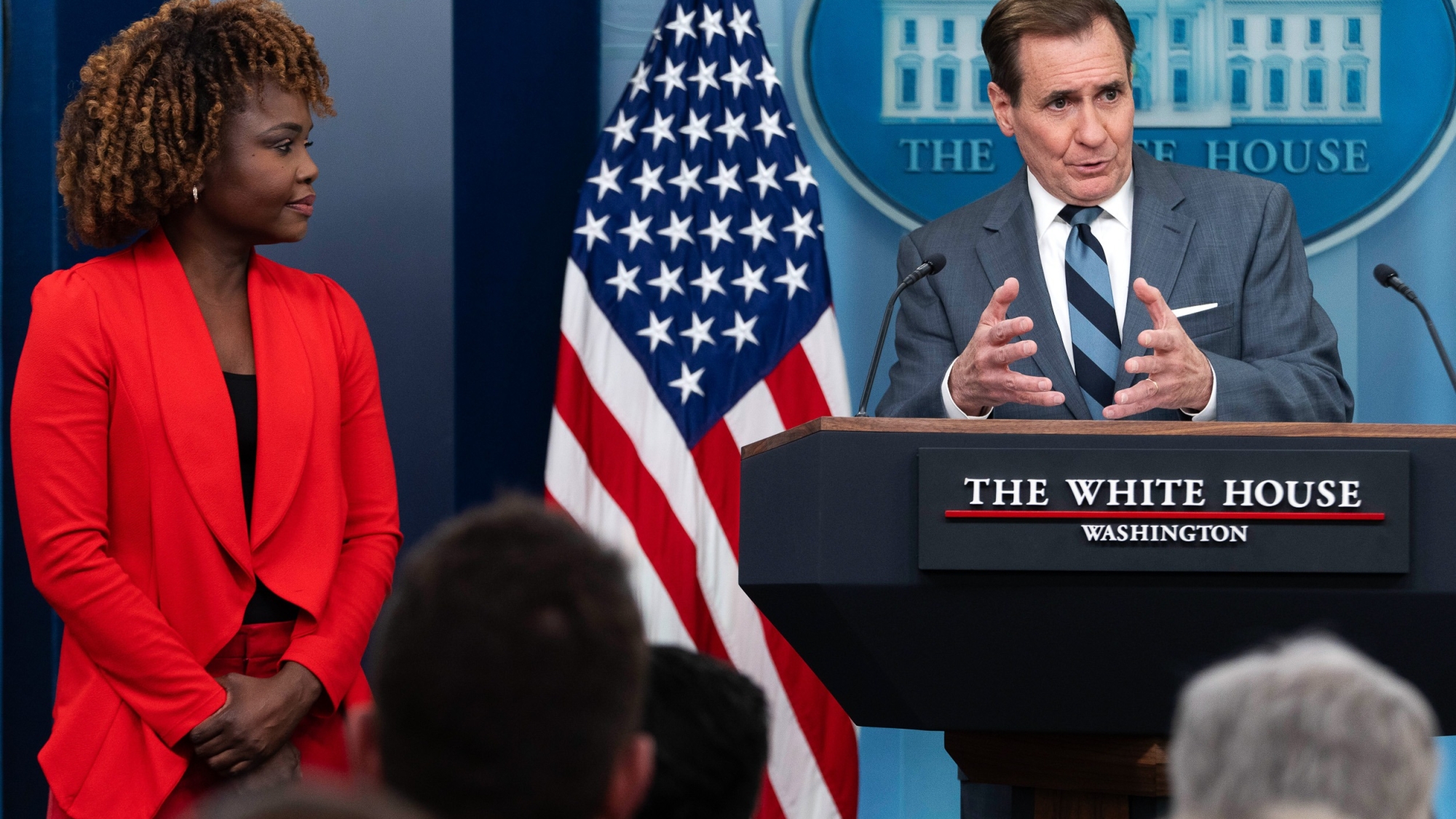 White House national security communications adviser John Kirby, right, speaks during a press briefing with White House press secretary Karine Jean-Pierre, Monday, March 25, 2024, at the White House in Washington. (AP Photo/Jacquelyn Martin)