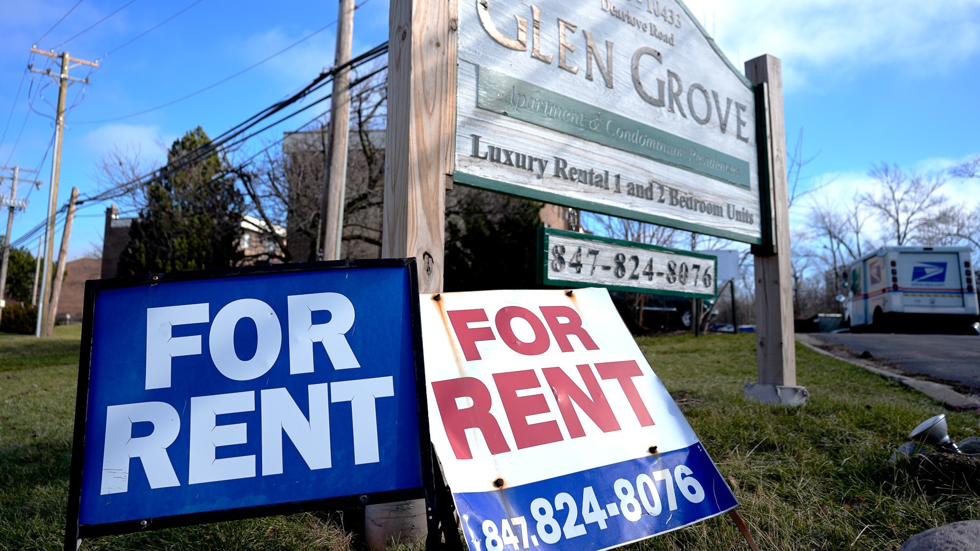 FILE - Signs for apartment rentals are displayed in Glenview, Ill., on Jan. 29, 2024. Consumer inflation remained persistently high last month, boosted by gas, rents, auto insurance and other items, the government said Wednesday. (AP Photo/Nam Y. Huh)