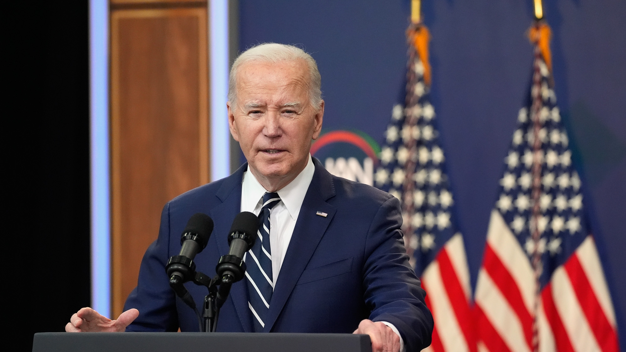 President Joe Biden speaks to the National Action Network Convention remotely from the South Court Auditorium of the White House, Friday, April 12, 2024, in Washington. (AP Photo/Alex Brandon)