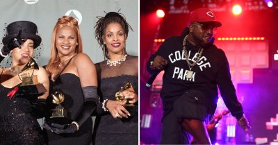 Salt-N-Pepa holding Grammy Awards and OutKast’s Big Boi performing on stage, celebrating their 2025 Rock & Roll Hall of Fame induction