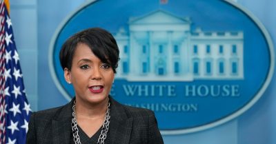 Keisha Lance Bottoms speaks during a daily briefing at the White House in Washington
