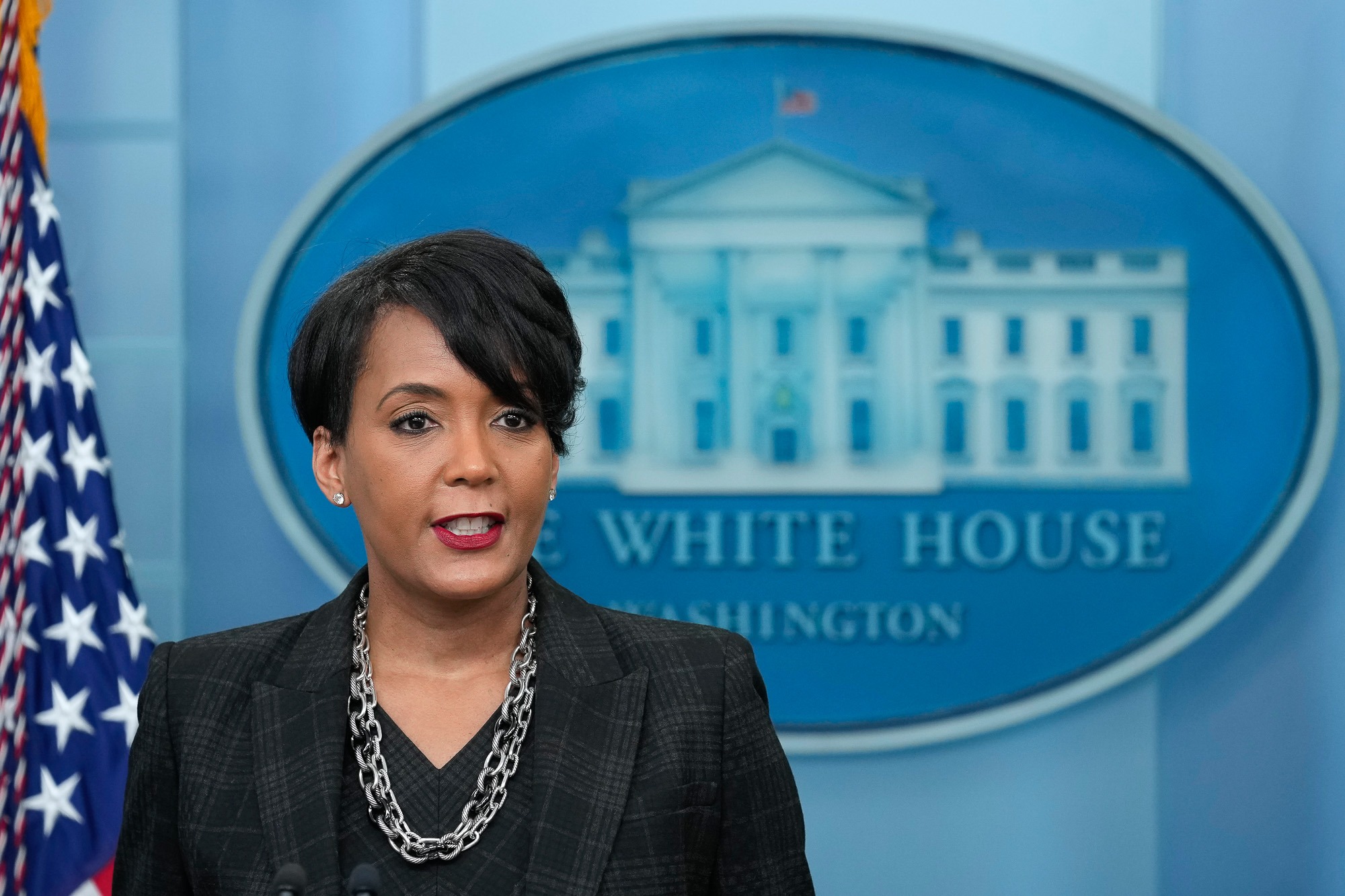 Keisha Lance Bottoms speaks during a daily briefing at the White House in Washington