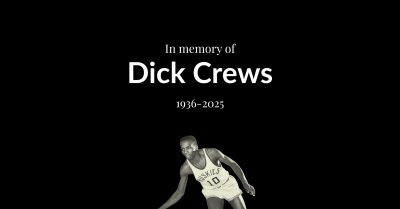 An in-memory graphic honoring Dick Crews, the first Black men’s basketball player at the University of Washington, who passed away at 89.